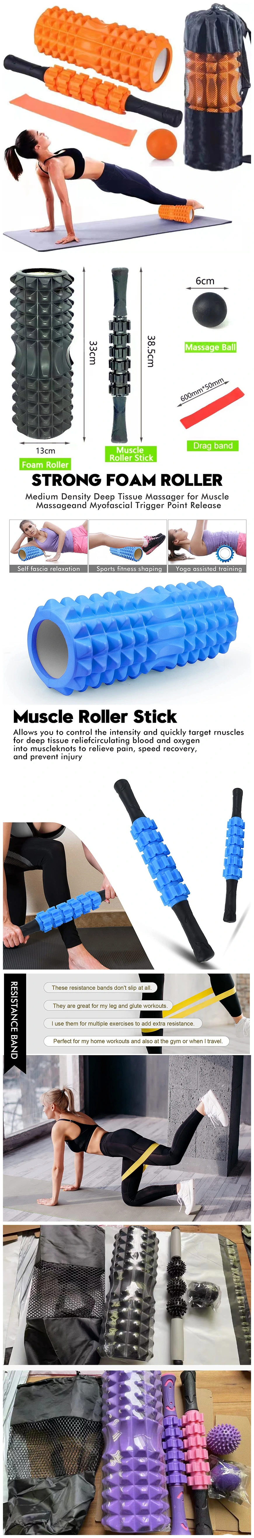 4 in 1 Yoga Foam Roller Set Includes Hollow Core Massage Roller Muscle Roller Stick Resistance Band and Massage Ball Gym Use Exercise Muscle Massage Foam Roller